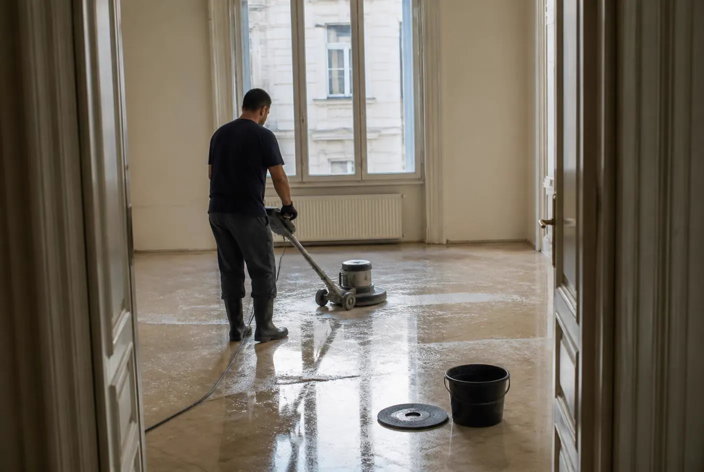 reinigungsdienst-wien.at – Grundreinigung Wien: Einscheibenmaschine bei der Tiefenreinigung eines Fliesenbodens